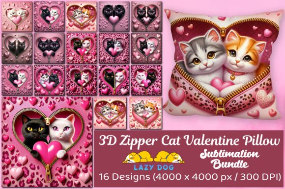3D Zipper Cat Valentine Sublimation Pillow Bundle