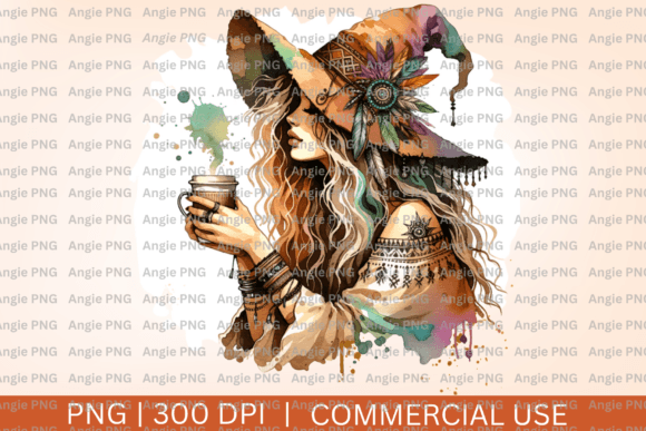 Fall Boho Witch with Coffee PNG Clipart for Autumn Projects