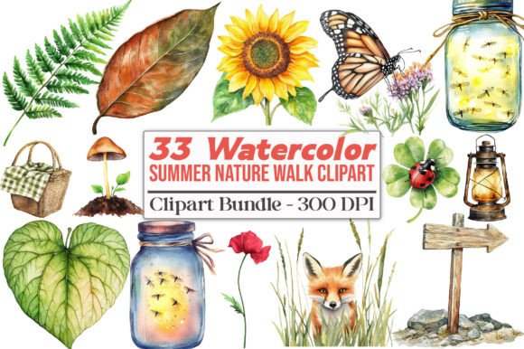 Summer Nature Walk Clipart: 33 Designs for Creative Projects